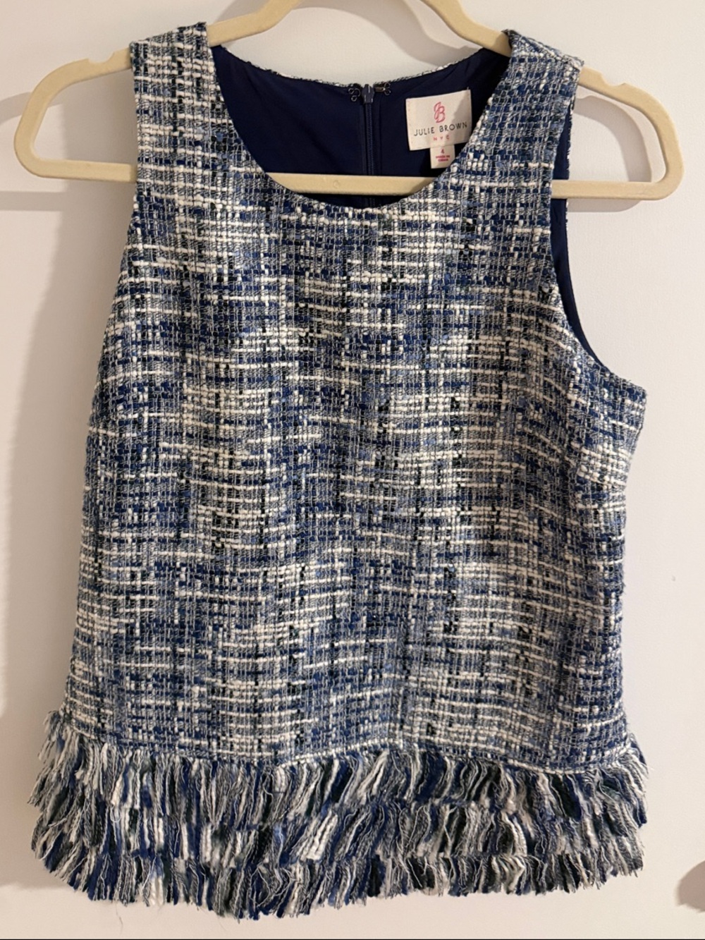 JB by Julie Brown Navy and White Tweed Fringe Top